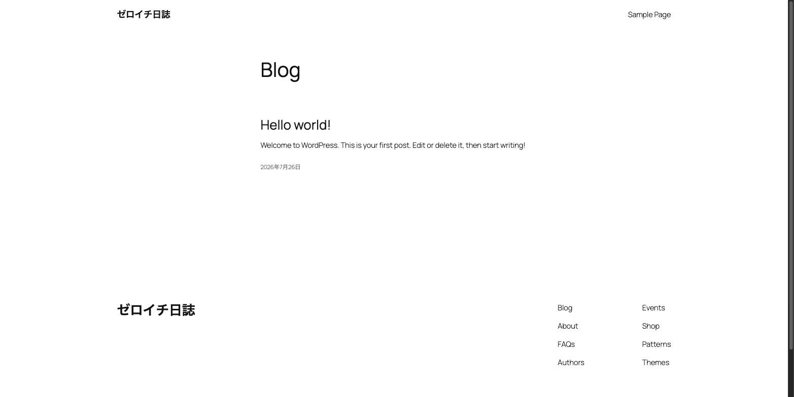WordPressを手動インストールした直後のサイト表示。既定テーマのままHTTPSで表示されている
